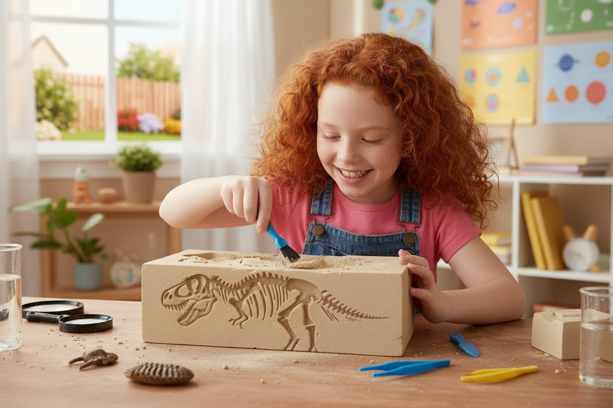 Girl with red hair playing with fossil kit, regular day outside